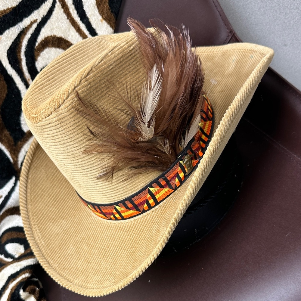 Vintage Corduroy Cowboy Hat with Feather Accent and Hush Puppy Pin